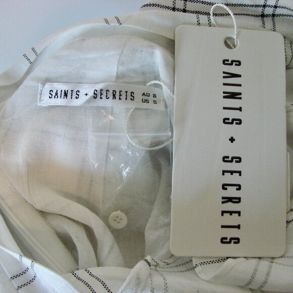Saints + Secrets Mini Dress White Black Check Ruffle Trim Keyhole Back Small NWT - Picture 7 of 16
